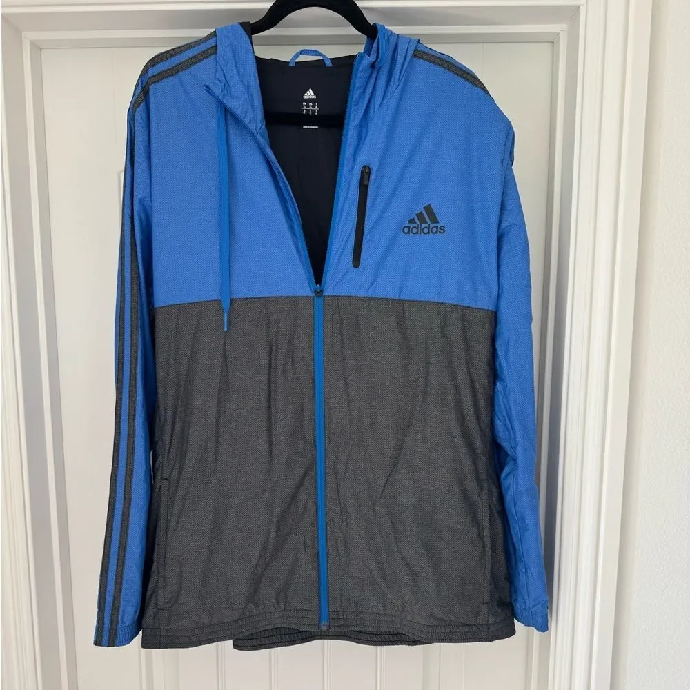 Adidas | Blue & Gray Lightweight Hooded Windbreaker Jacket | EUC | Size: XL